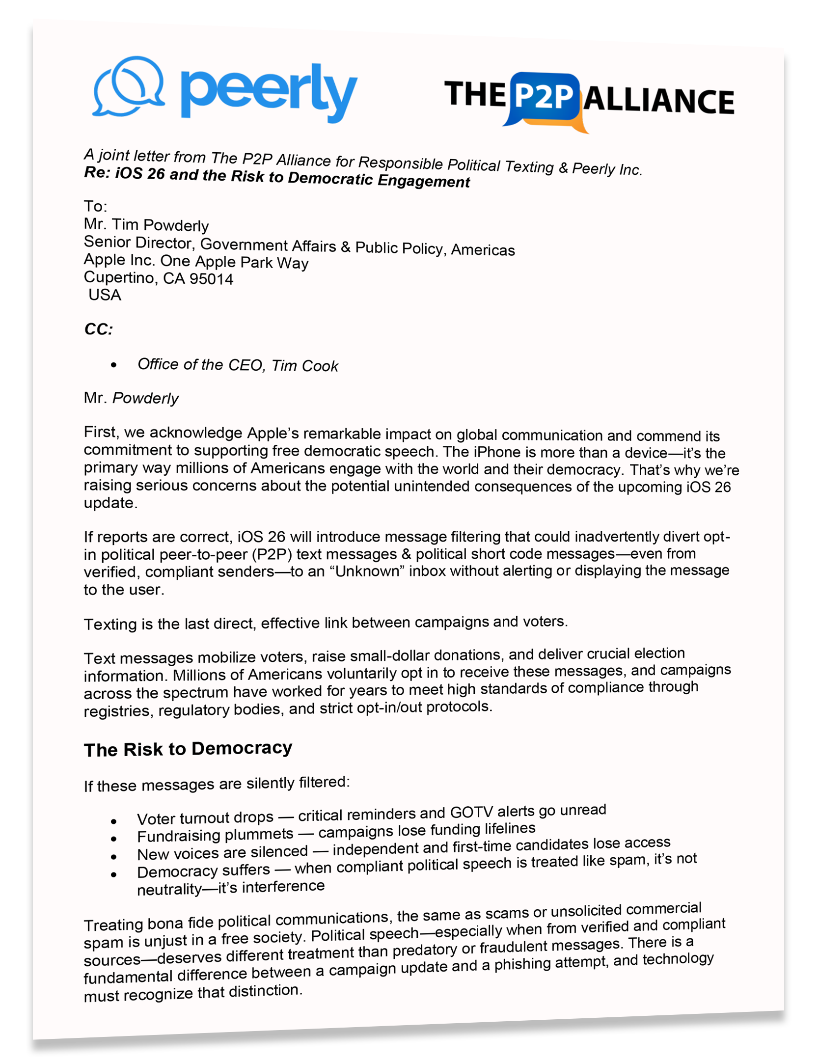 a screenshot of peerly's letter to Apple.
