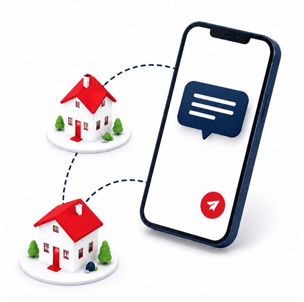 Illustration of a mobile phone sending messages to homes